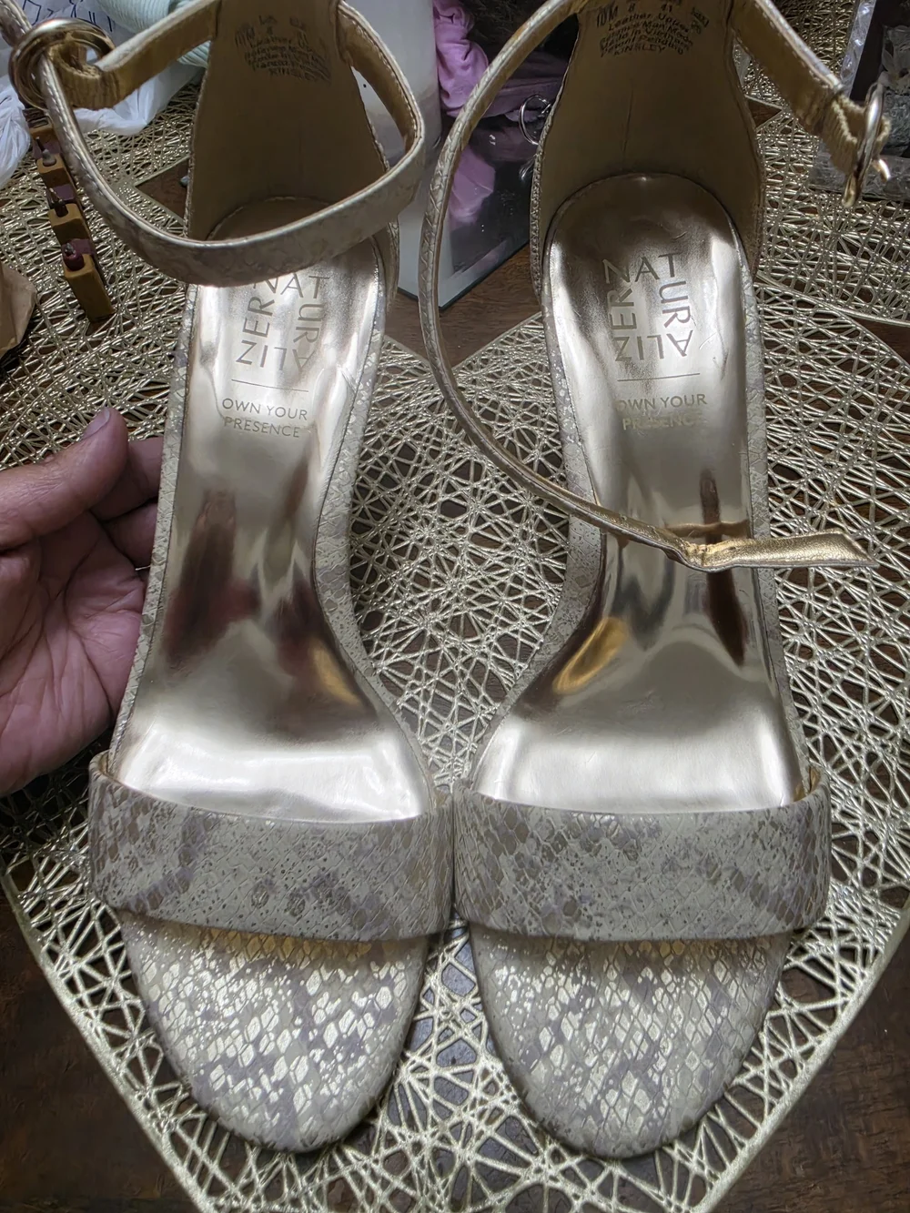 Naturalizer Metallic Gold Snake-Print Ankle Strap Heels